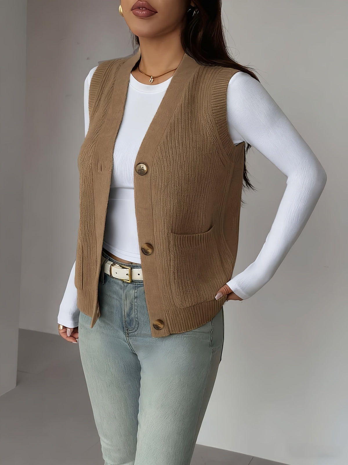 Buttoned V-Neck Knit Vest with Front Pockets and Relaxed Fit