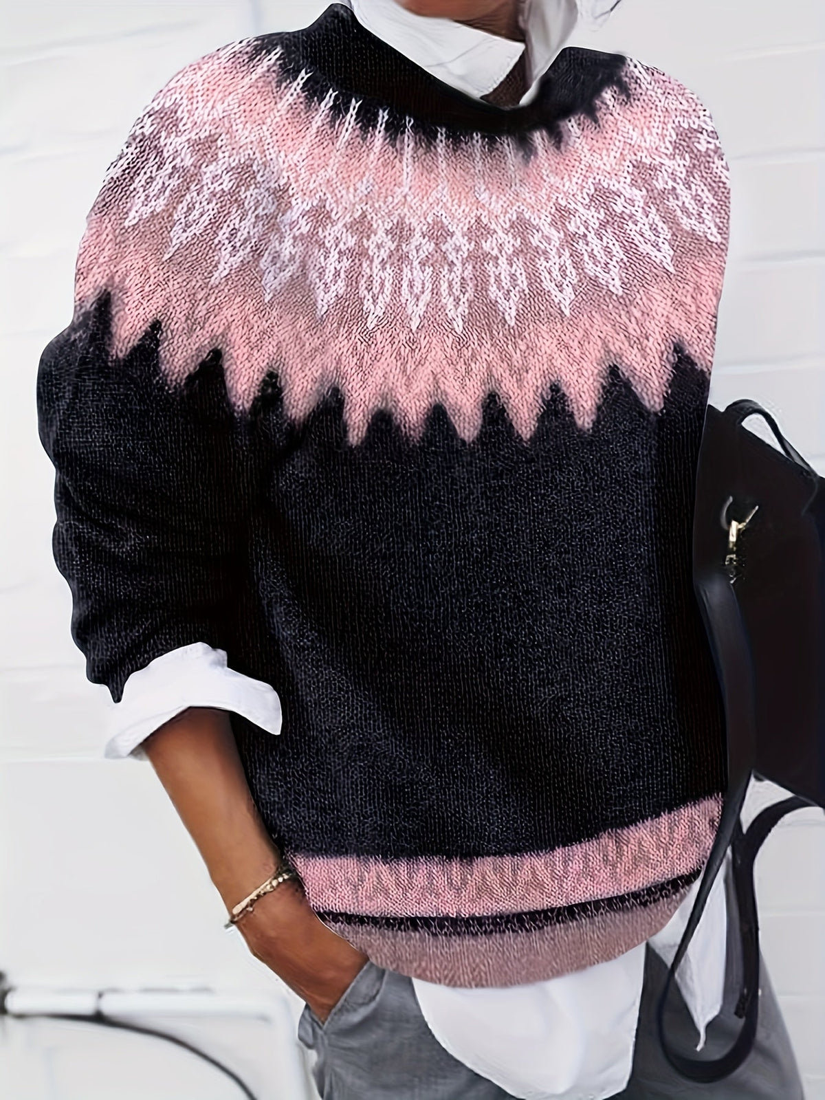 Chunky Jacquard Knit Sweater with Round Neck and Ribbed Cuffs, Hip Length