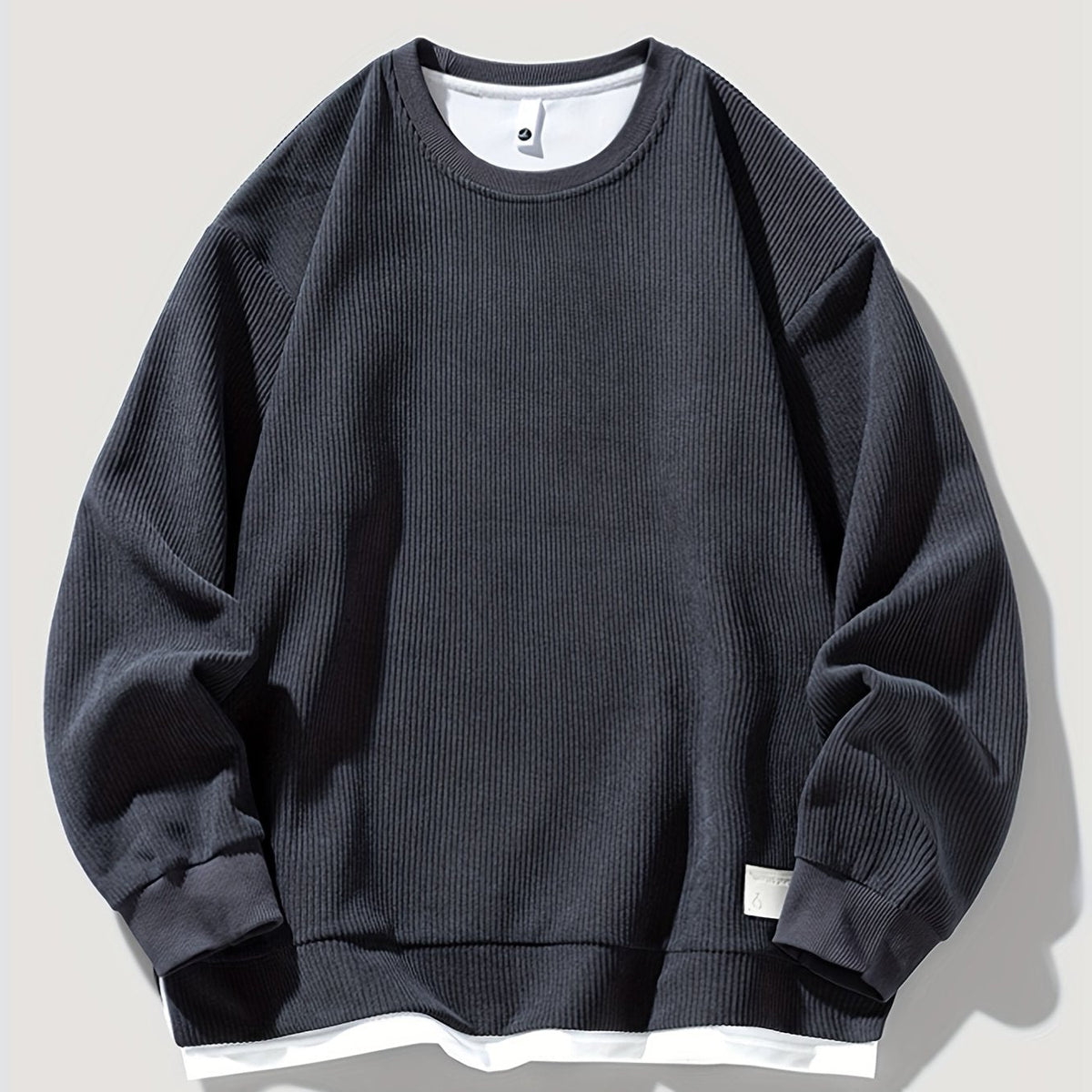 Crewneck Sweatshirt with Built-In Layered Design and Ribbed Texture