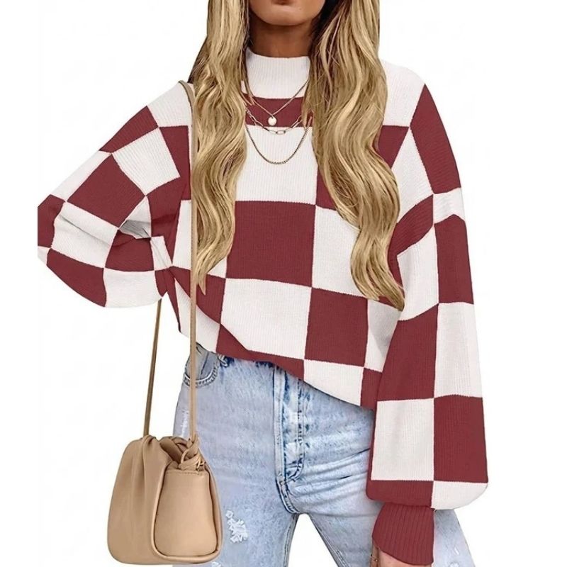 Womens Checkerboard Turtleneck Sweater - Ribbed Knit Loose Fit Pullover