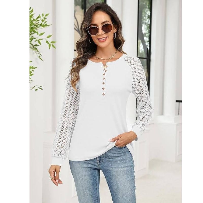 Womens Lace Long Sleeve Henley Top - Casual Fall Blouse