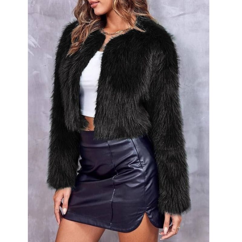 Womens Cropped Faux Fur Jacket, Fluffy Shaggy Long Sleeve Short Coat