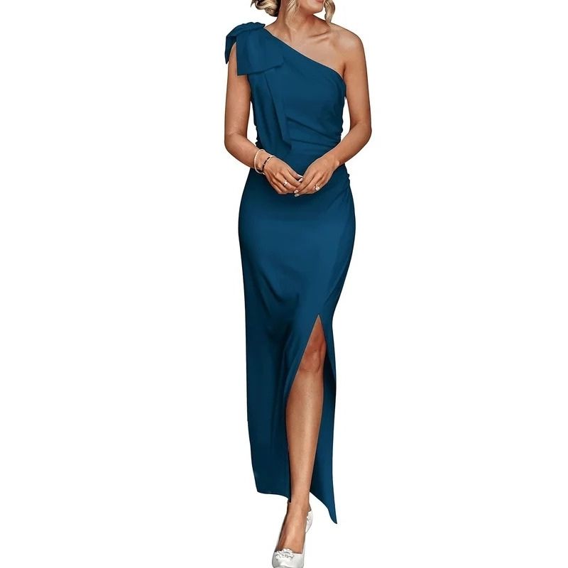 Womens One Shoulder Maxi Dress, Ruched Bodycon Wedding Guest and Formal Dress