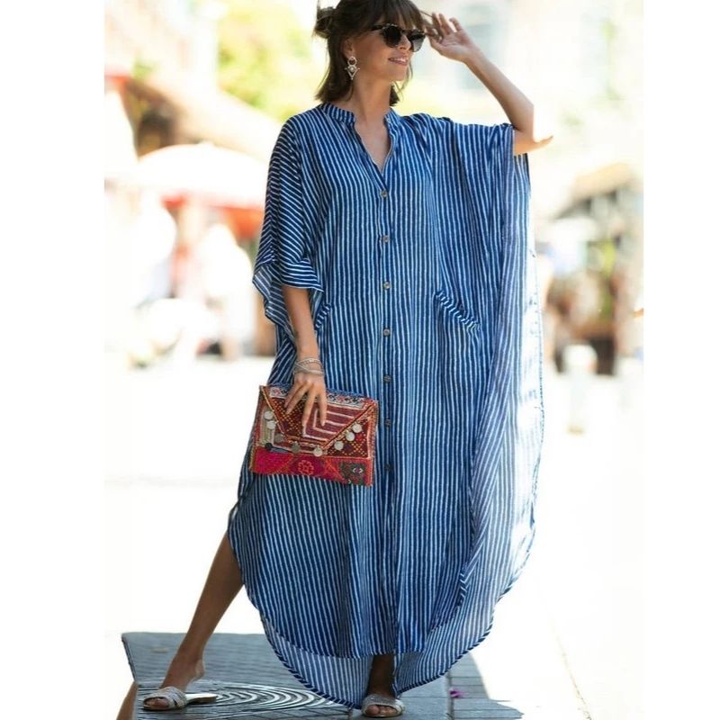 Moomoo Dresses for Women, Plus Size Ethnic Print Kaftan Dress, Mrs Roper Bubu Mumu Boho V Neck 3 Quarter Sleeve Tunic