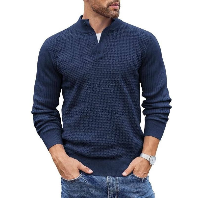 Mens Long Sleeve Henley Sweater, 4 Button Mock Neck Waffle Knit Pullover, Slim Fit Fall Winter Business Casual