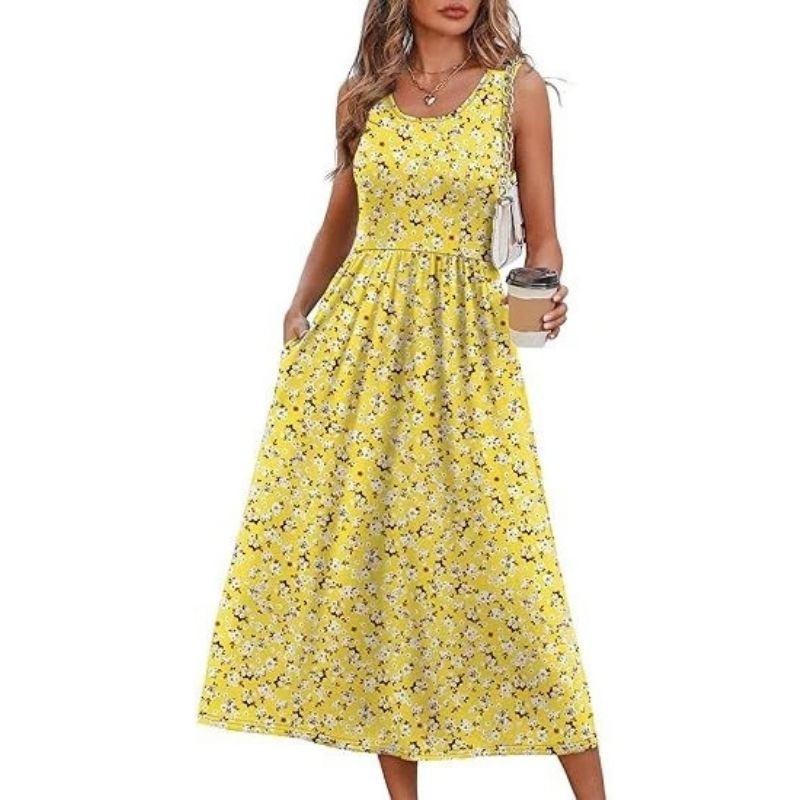 Womens Flowy Midi Dress, Casual Beach Vacation Sundress with Pockets