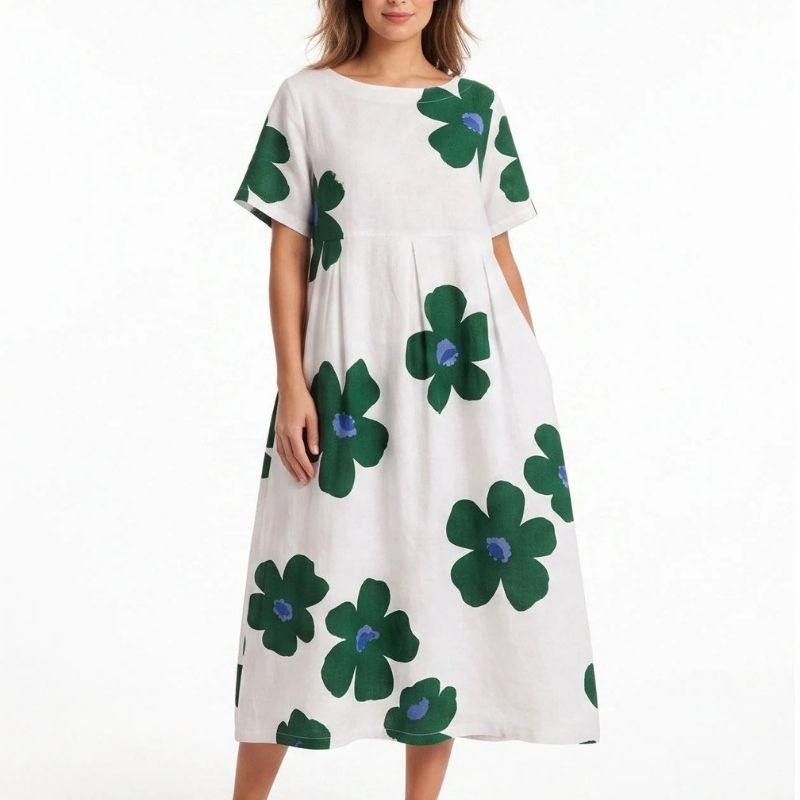 Womens Floral A Line Midi Dress, Short Sleeve Casual Summer Dress