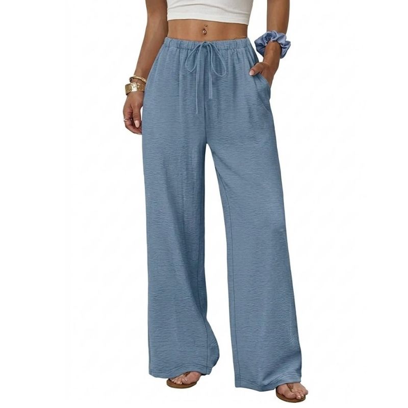 Womens Wide Leg Palazzo Pants, Flowy Drawstring Elastic Waist Trousers with Pockets for Summer, Beach and Vacation Wear