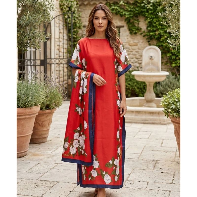 Moomoo Dresses for Women, Bohemian Printed Long Dress and Scarf Set Beach Vacation Matching Outfit