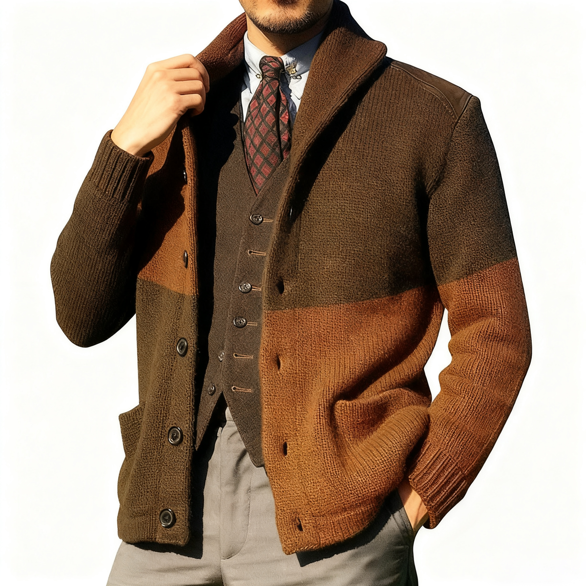 Contrast Knitted Jacket with Patchwork Color Blocking and Lapel Collar
