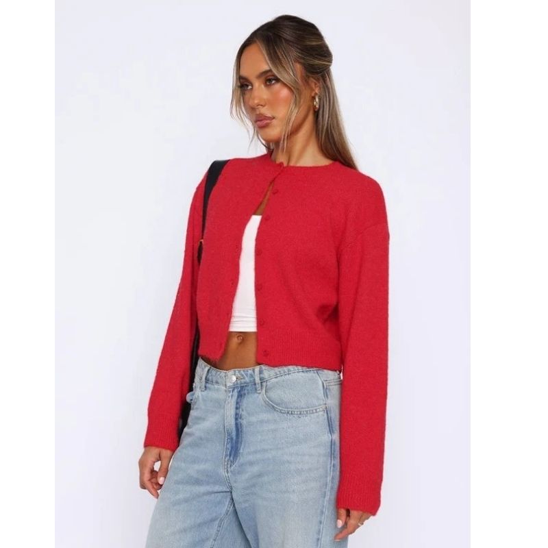 Womens Cropped Cardigan Sweaters, Crew Neck Long Sleeve Button Up Lightweight Knit
