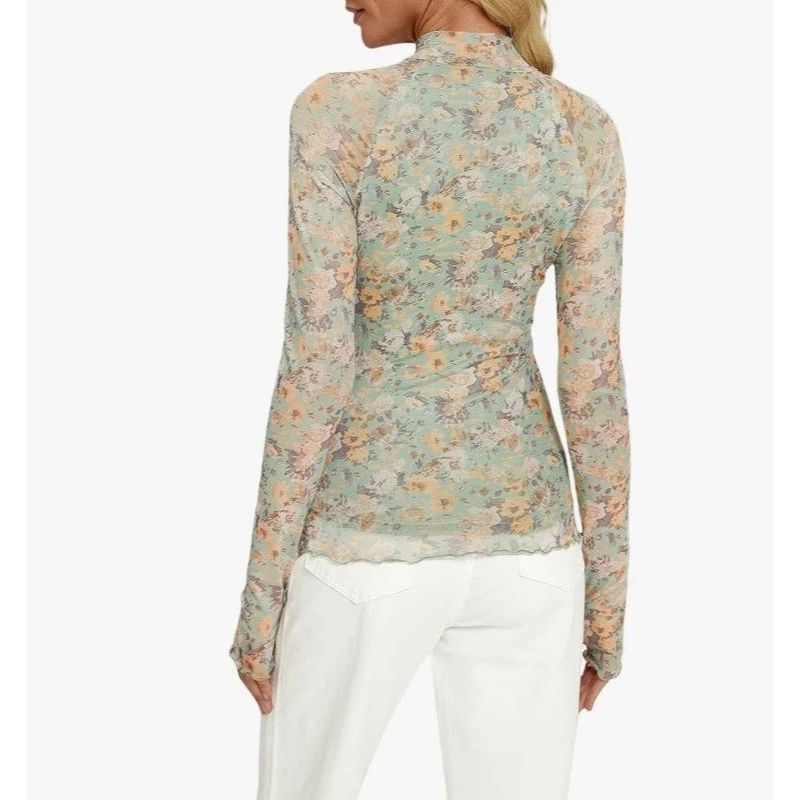 Womens Floral Lace Sheer Mesh Top - Slim Fit Lightweight Long Sleeve Top