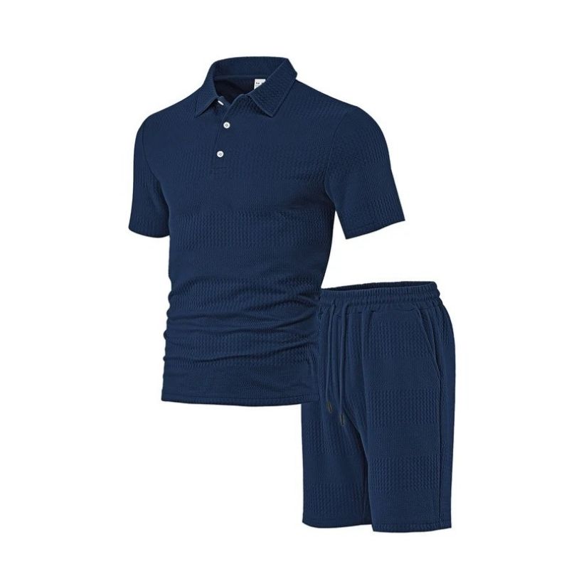 Mens Knitted Polo and Shorts Set, Vintage Casual Two Piece Outfits, Short Sleeve Textured Tracksuit