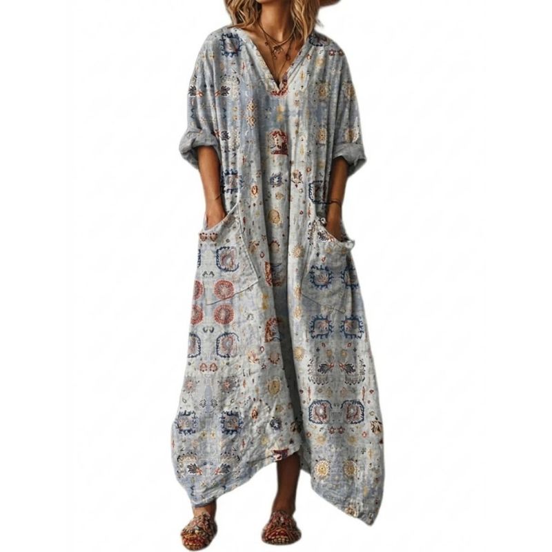 Womens Cotton Maxi Dress, Boho Print Front Pocket Casual Summer Dress