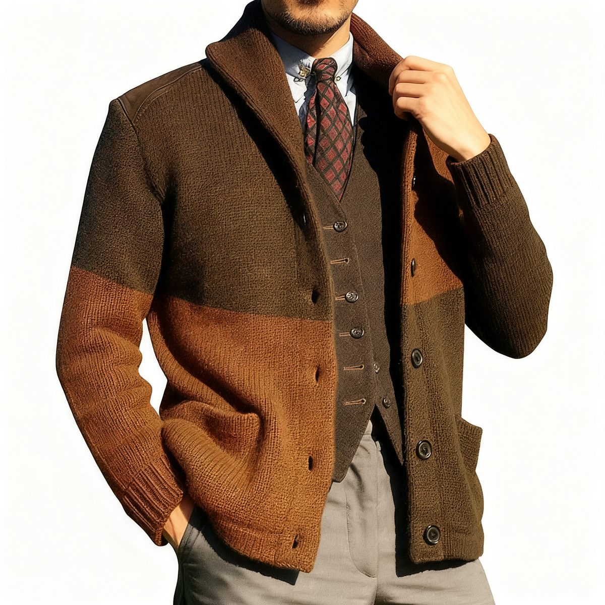 Contrast Knitted Jacket with Patchwork Color Blocking and Lapel Collar