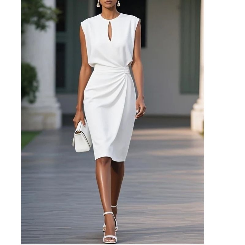 Womens Sleeveless Bodycon Work Dress, Keyhole Front Ruched Wrap Midi Dress, Elegant Fall Cocktail Party Outfit