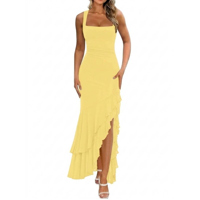 Womens Bodycon Maxi Dress, Ruched Mesh Mermaid Wedding Guest and Cocktail Dress