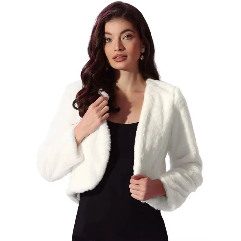 Womens Cropped Faux Fur Jacket, Long Sleeve Wedding Bolero Coat