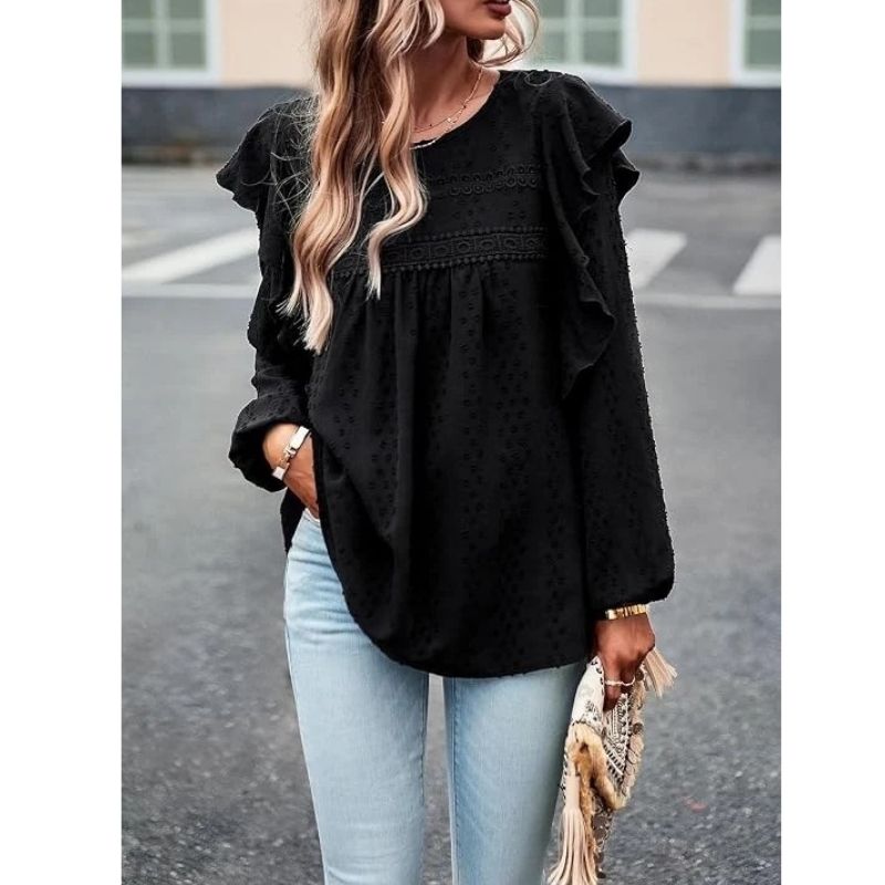 Womens Long Sleeve Shirts, Ruffle Swiss Dot Crochet Loose Fit Tunic, Dressy Casual Tops Blouse, Spring Fashion