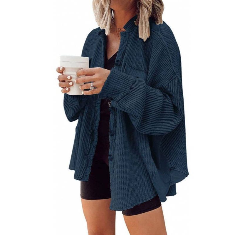 Oversized Waffle Knit Shirt Women Fall Shacket, Corduroy Long Sleeve Button Down Shirt Jacket