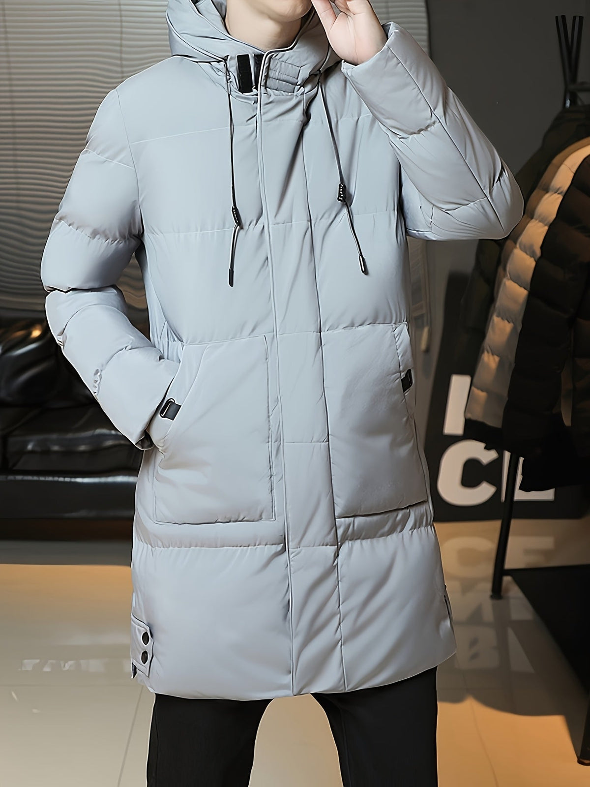 Insulated Longline Hooded Coat with Full-Length Zipper and Adjustable Hood