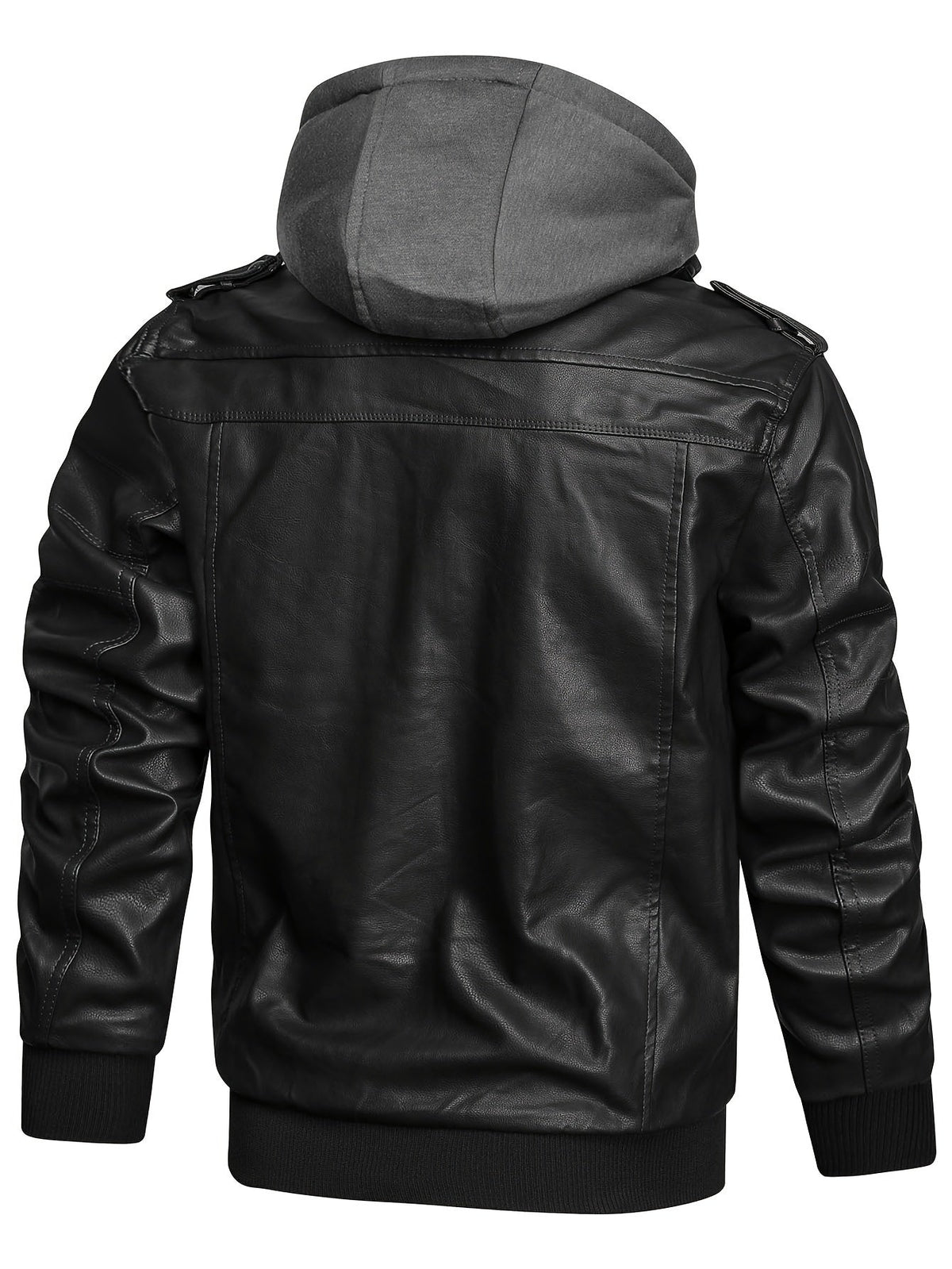 Hooded Biker Jacket with Removable Snap Hood and Multiple Zippered Pockets
