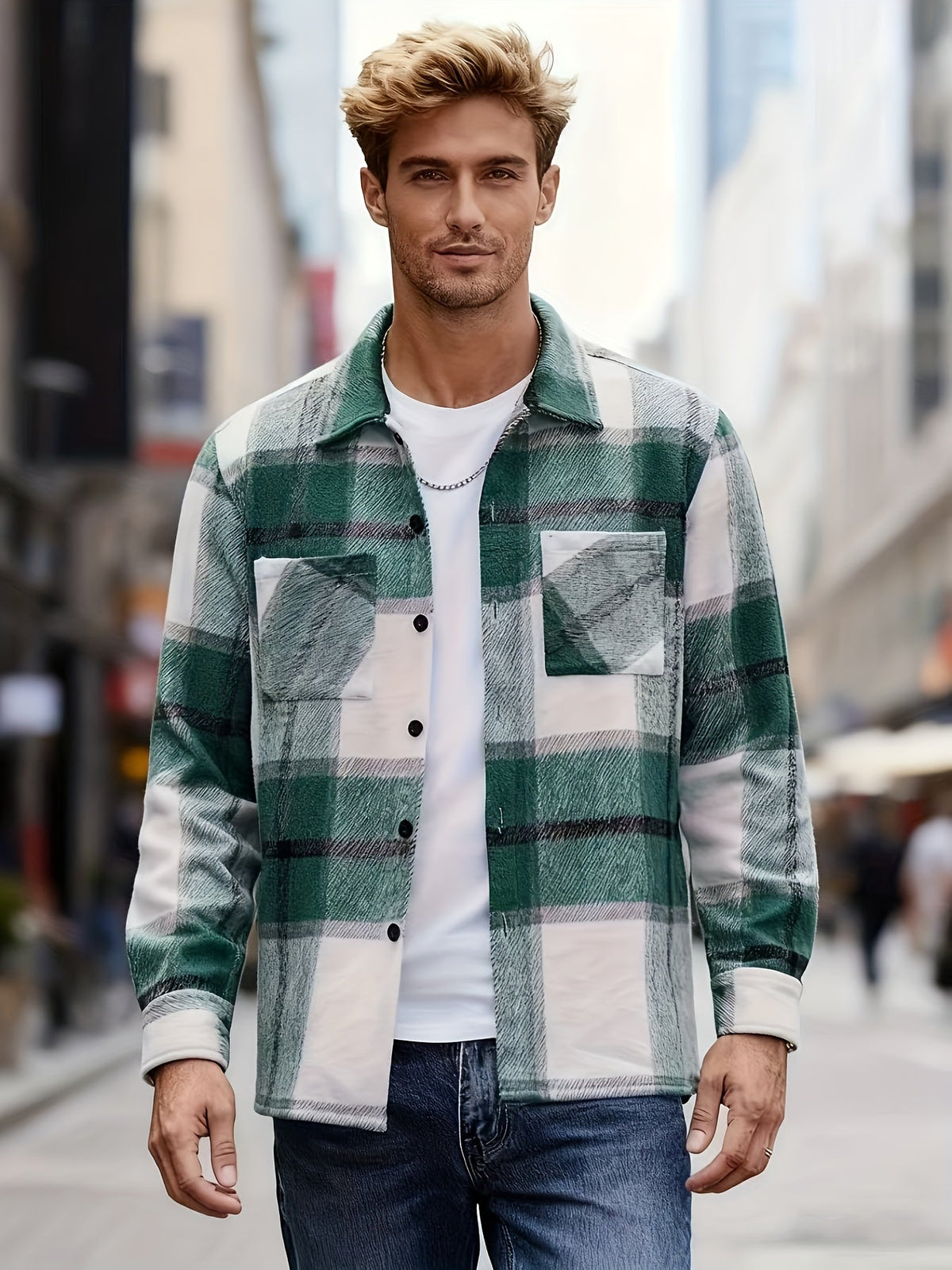 Check Pattern Button Front Overshirt with Dual Chest Pockets and Adjustable Cuffs