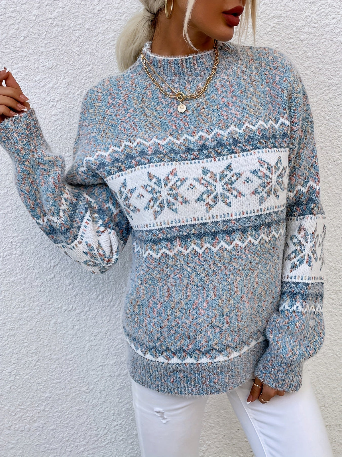 Mock Neck Sweater with Snowflake Knit Pattern and Relaxed Fit
