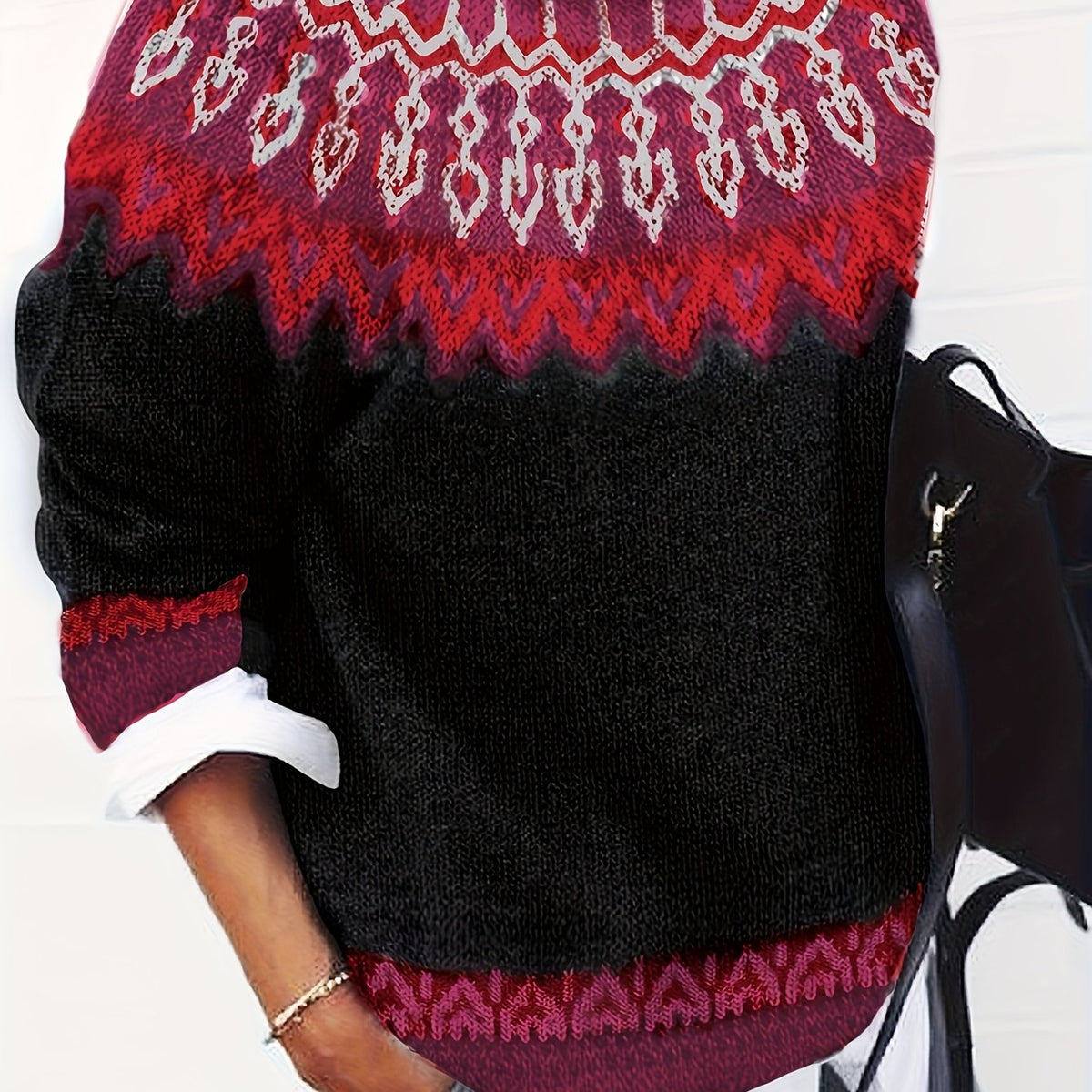 Chunky Jacquard Knit Sweater with Round Neck and Ribbed Cuffs, Hip Length