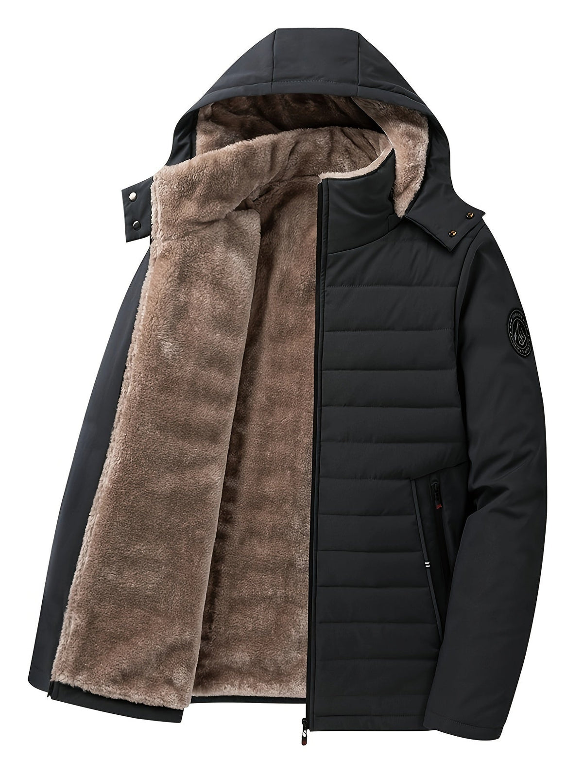Quilted Hooded Coat with Insulated Lining and Front Zipper, Hip Length