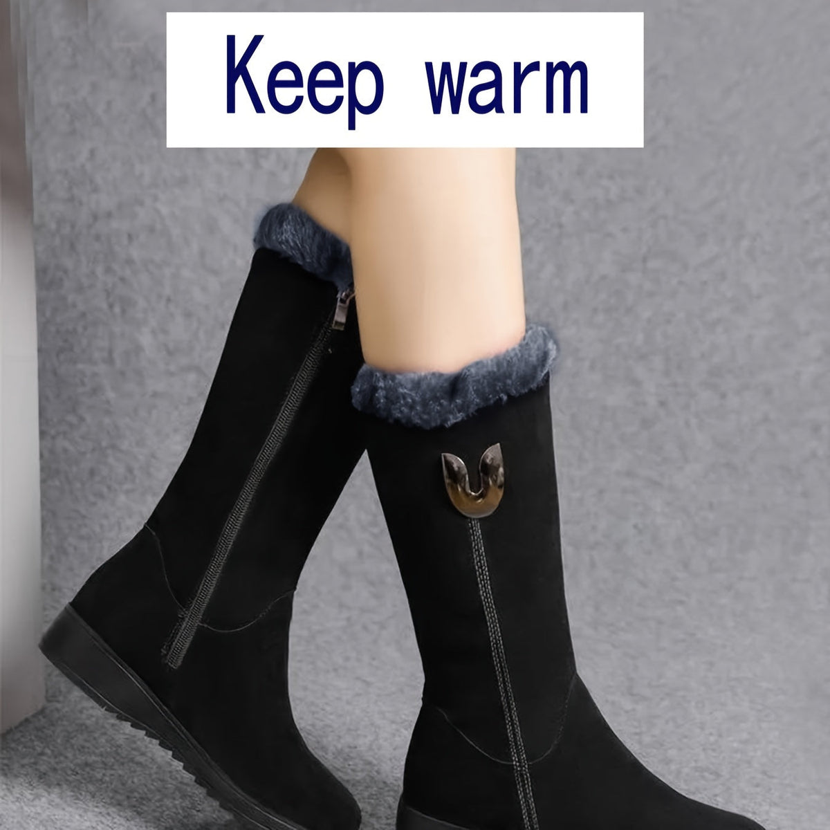 Mid Calf Winter Boots with Anti Slip Sole and Plush Lining, Slip On