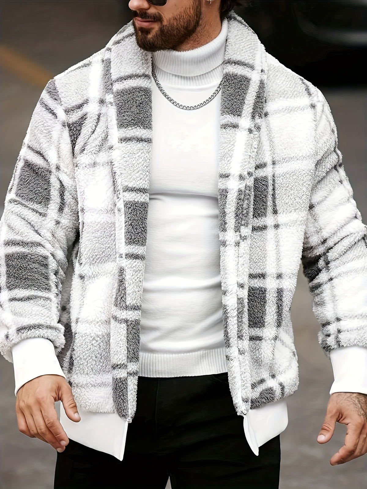 Checked Button Front Jacket with Relaxed Fit and Soft Fabric