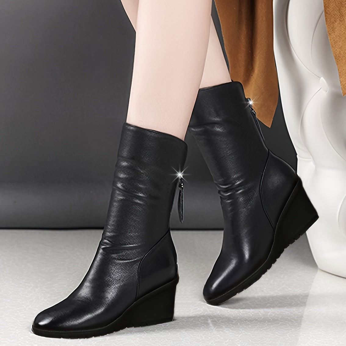 Mid Calf Wedge Boots with Side Zip Closure and Stable Walking Base