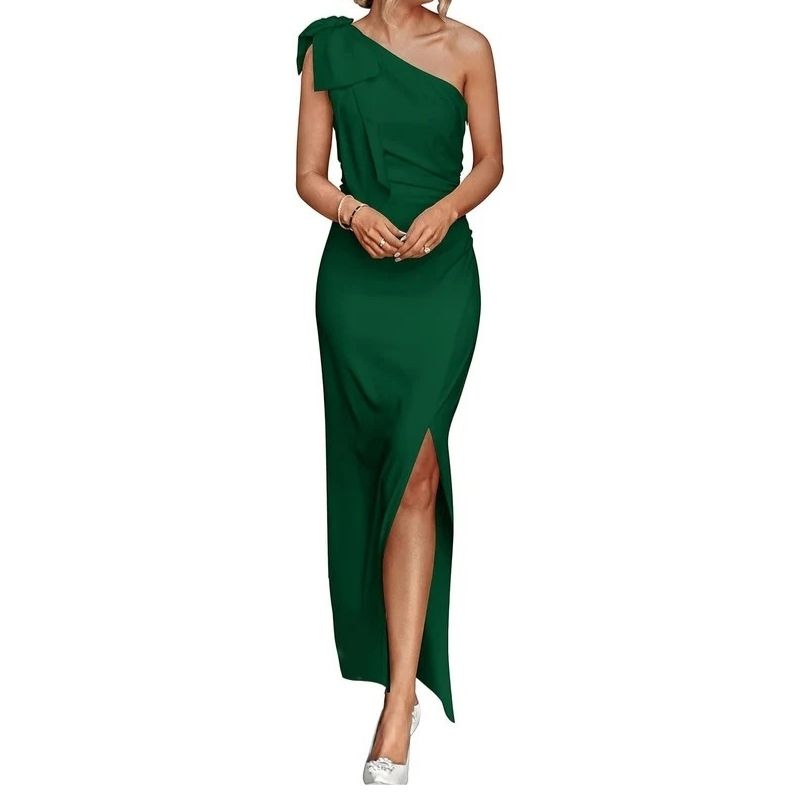 Womens One Shoulder Maxi Dress, Ruched Bodycon Wedding Guest and Formal Dress