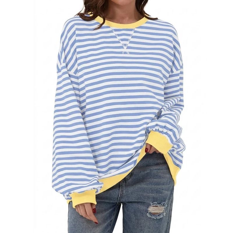 Womens Oversized Striped Crewneck Sweatshirt - Long Sleeve Pullover