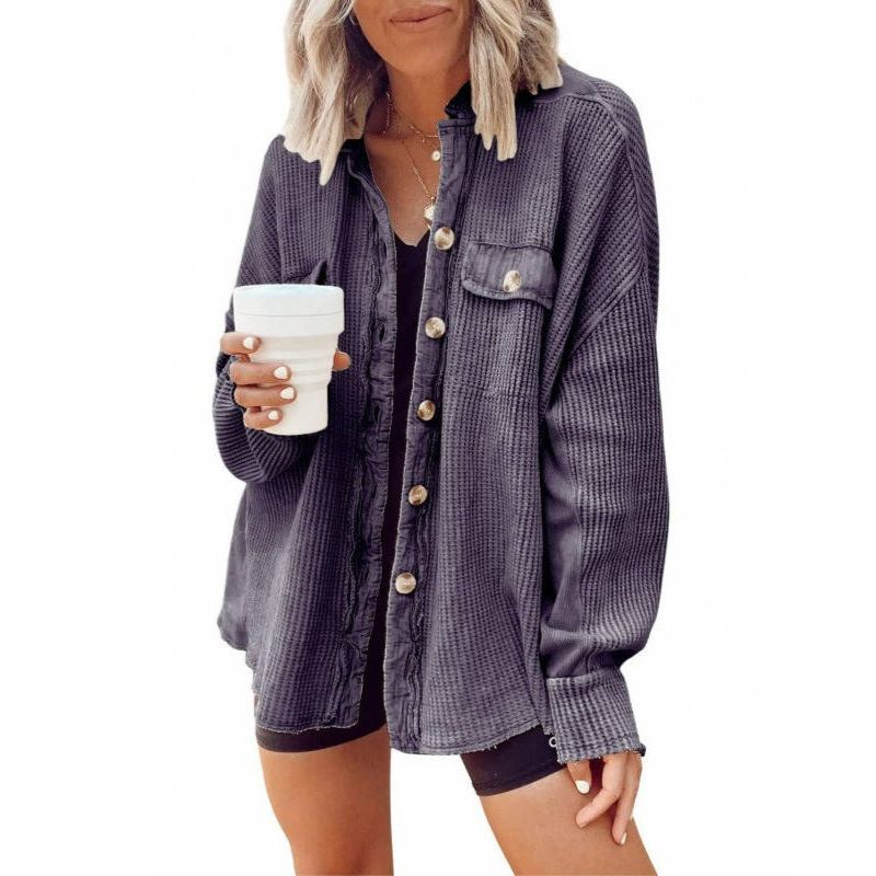 Oversized Waffle Knit Shirt Women Fall Shacket, Corduroy Long Sleeve Button Down Shirt Jacket