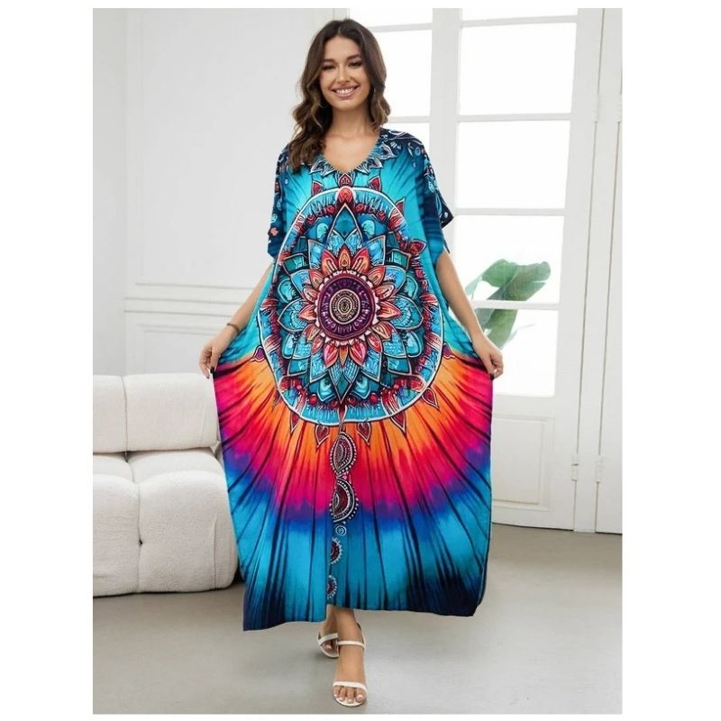 Moomoo Dresses for Women, Plus Size Loose Fit Moroccan Print V Neck Batwing Kaftan Beach Dress