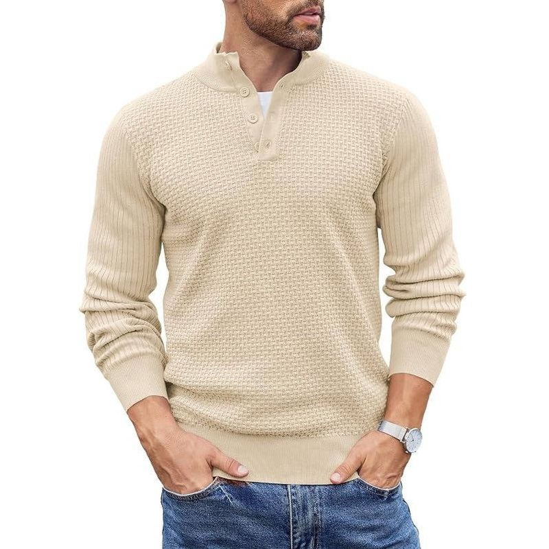 Mens Long Sleeve Henley Sweater, 4 Button Mock Neck Waffle Knit Pullover, Slim Fit Fall Winter Business Casual