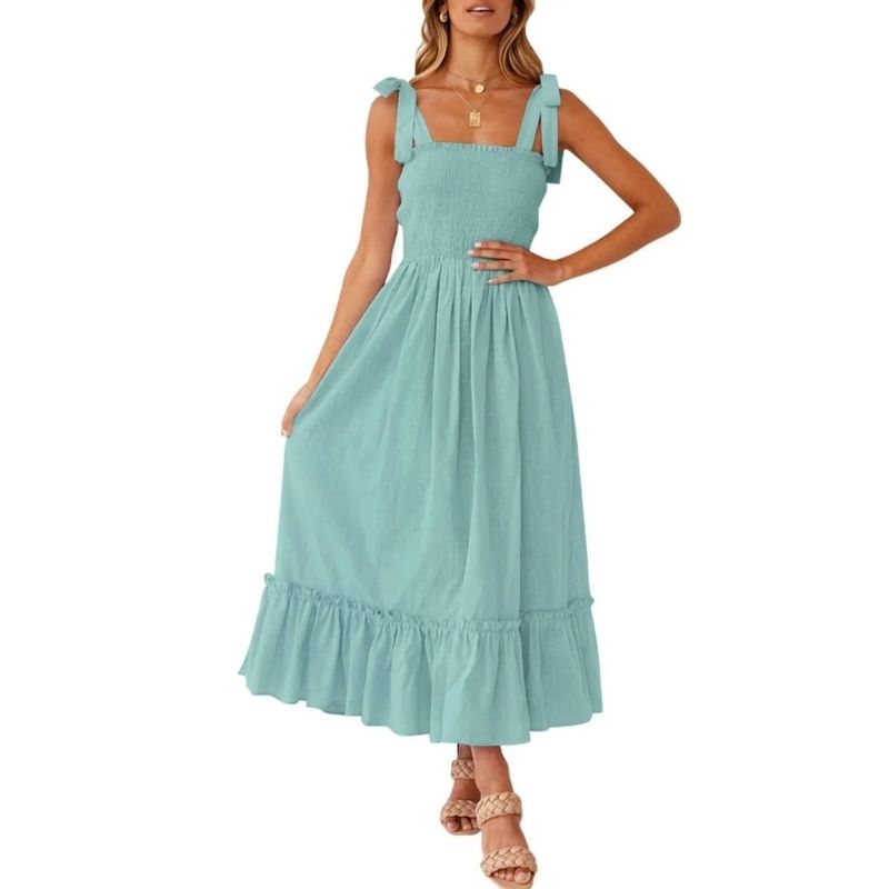 Womens Boho Maxi Dress, Square Neck Spaghetti Strap Ruffle a Line Beach Dress