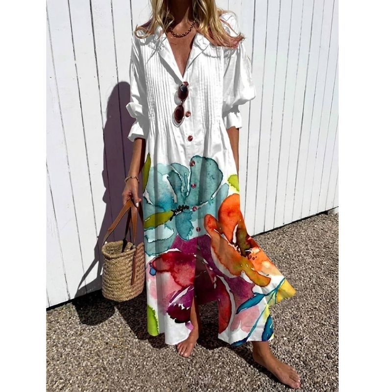 Womens Cotton Maxi Dress, Floral Casual Summer Beach Vacation Dress