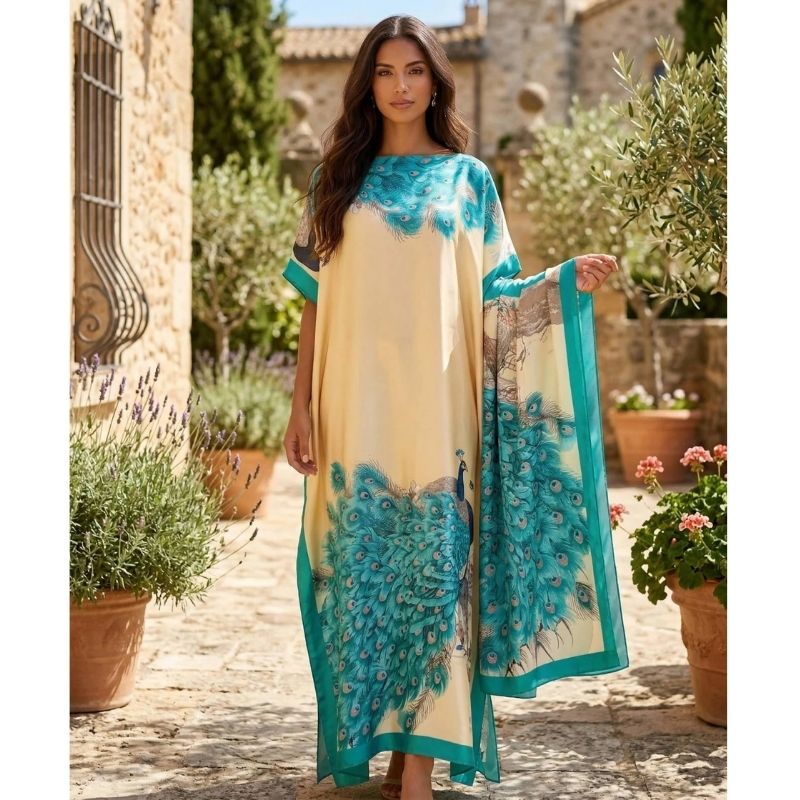 Moomoo Dresses for Women, Bohemian Printed Long Dress and Scarf Set Beach Vacation Matching Outfit