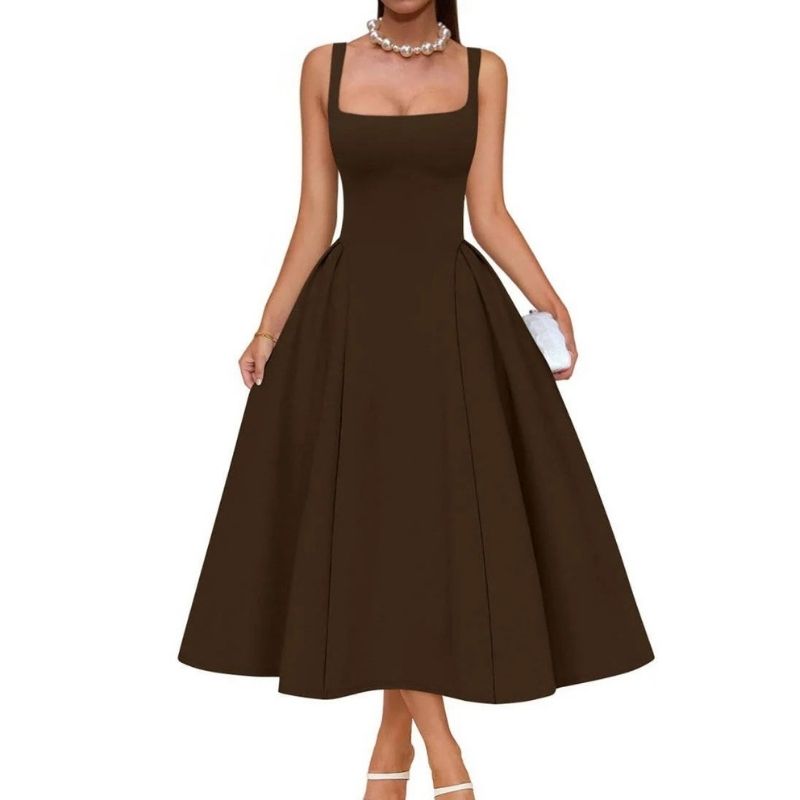 Womens Square Neck A Line Midi Dress, Elegant Wedding Guest and Evening Party Dress