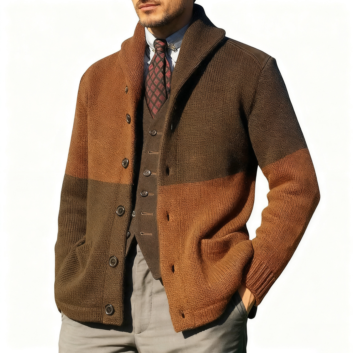 Contrast Knitted Jacket with Patchwork Color Blocking and Lapel Collar