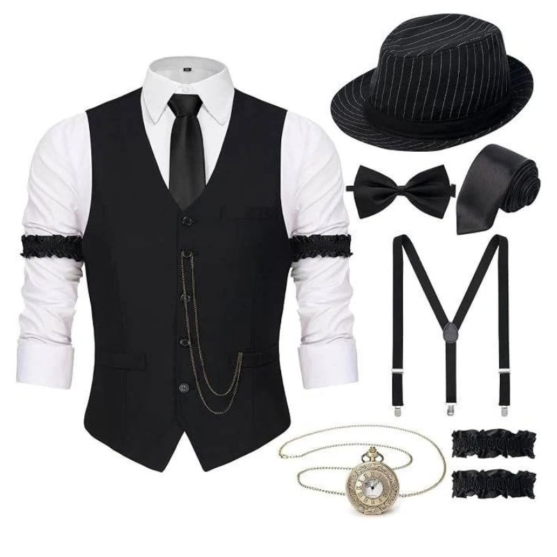 Mens 1920s Gatsby Costume, Roaring 20s Outfit, Vintage Vest and Hat Accessories