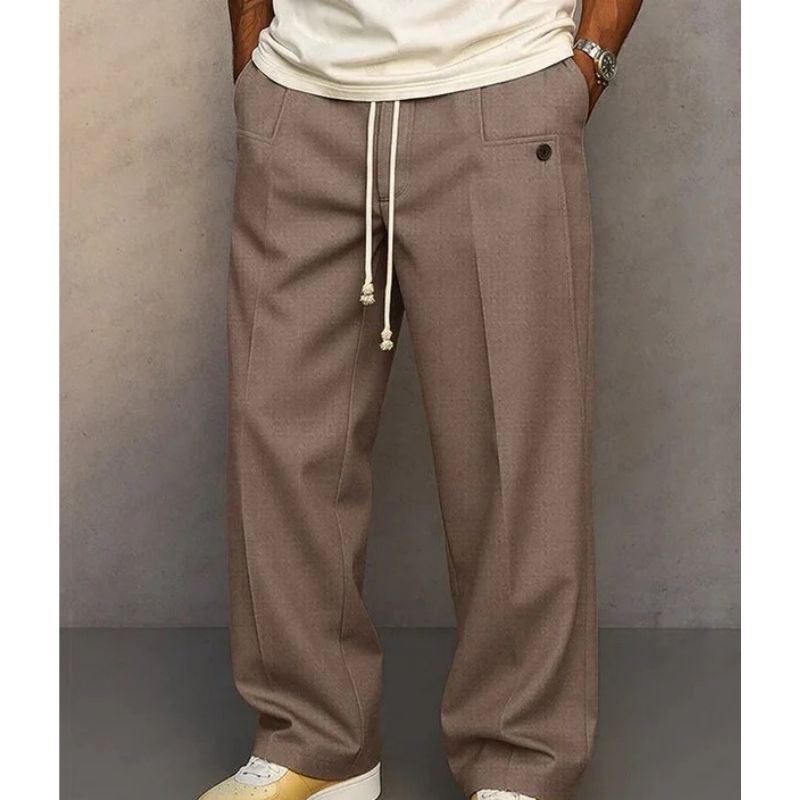 Mens Elegant Wide Leg Pants, Vintage Casual Straight Trousers, Loose Fit Drawstring Pleated Trousers with Pockets