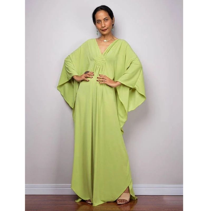 Moomoo Dresses for Women, Plus Size V Neck Long Batwing Sleeve Floral Beach Cover Up Dress