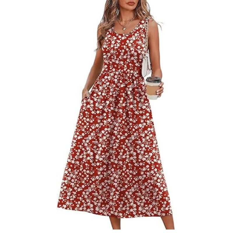 Womens Flowy Midi Dress, Casual Beach Vacation Sundress with Pockets