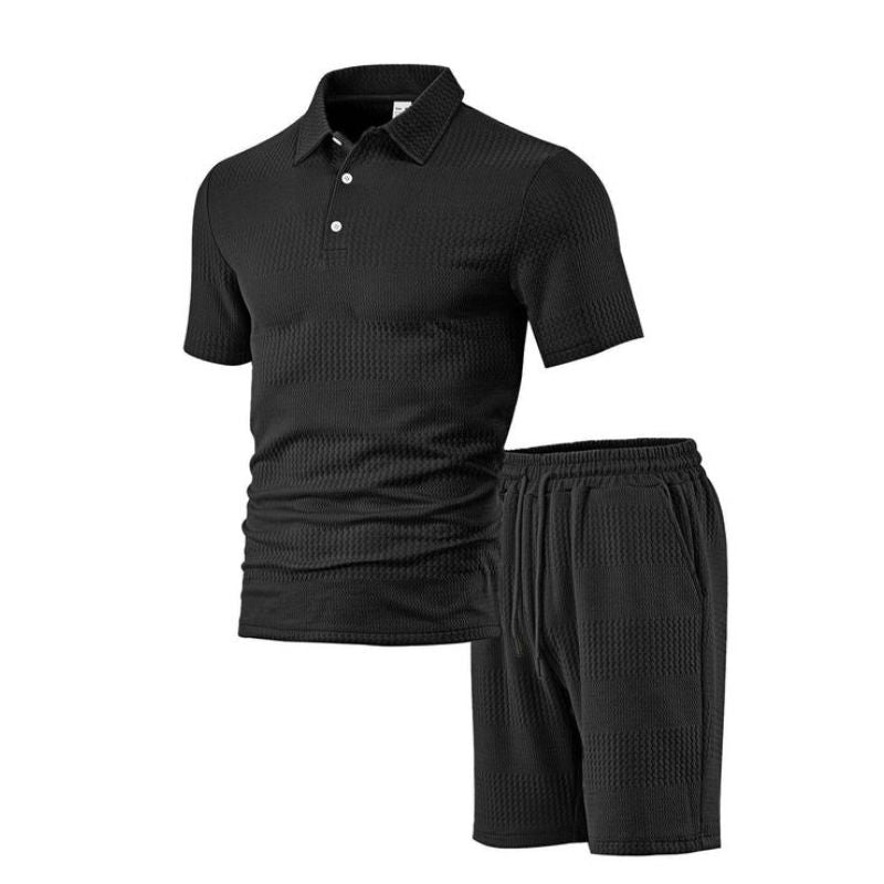 Mens Knitted Polo and Shorts Set, Vintage Casual Two Piece Outfits, Short Sleeve Textured Tracksuit
