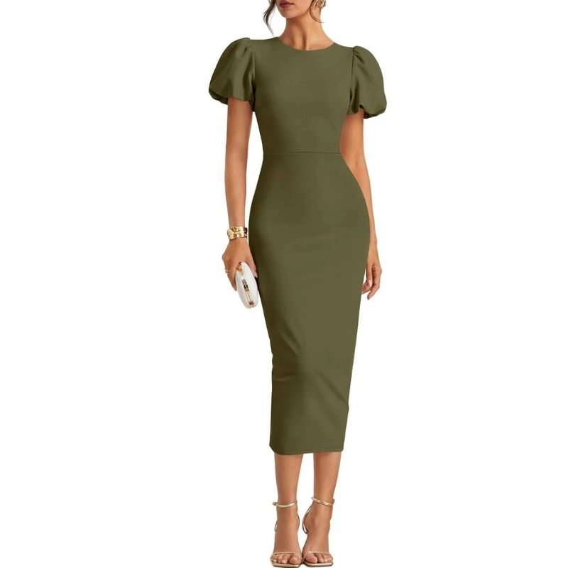 Womens Bodycon Midi Dress, Short Sleeve Wedding Guest Cocktail and Formal Dress