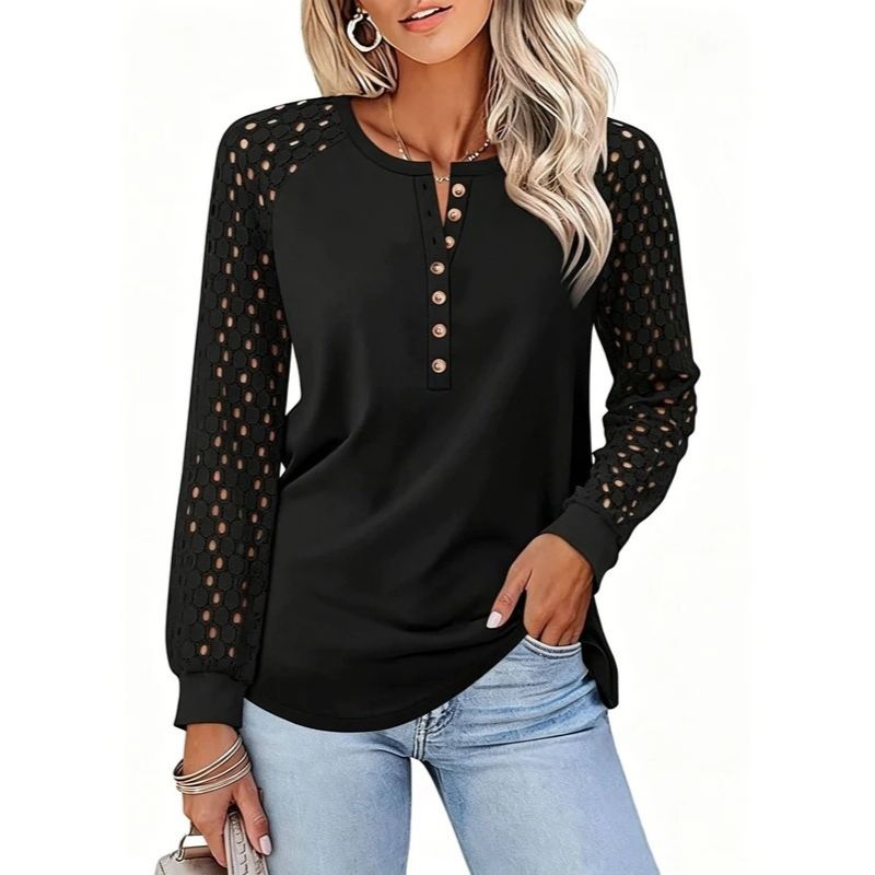 Womens Lace Long Sleeve Henley Top - Casual Fall Blouse